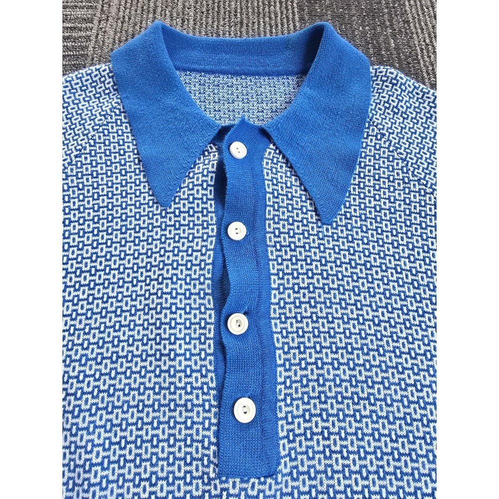 VTG 60 70s Men Mod Knitted Polo Shirt Blue Geometric Pique Fine Gauge Rockabilly - Picture 2 of 6
